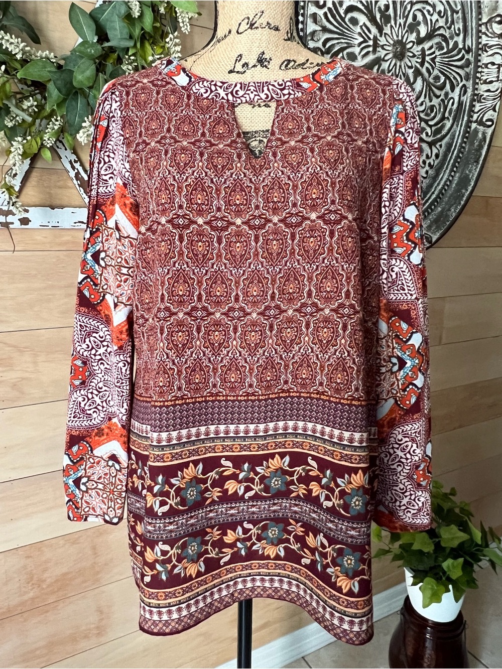 New Directions Boho Paisley Print Long Sleeve Blouse in Rust